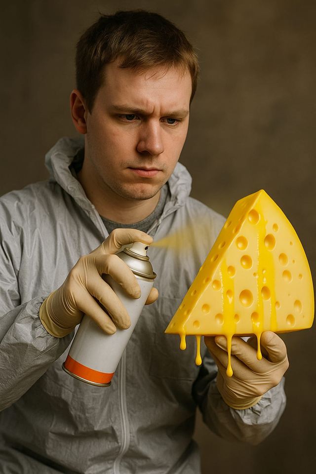Michael im weißen Lackieranzug und mit Handschuhen, hochkonzentriert, lackiert ein übergroßes Stück Käse mit der Sprühdose.